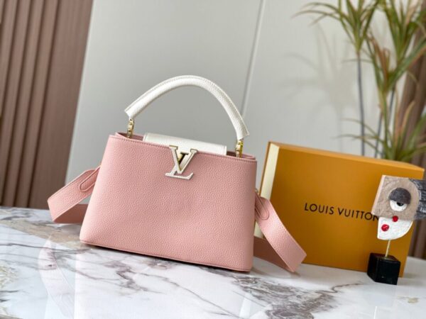 LV pink-white collage CAPUCINES BB CAPUCINES flap Monogram Flower handbag - capucines, collage, flap, pink, white