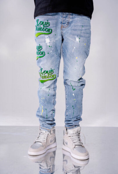 Louis Vuitton Boys' Straight Leg green word letter 3D Denim long pants Jeans - boy, boys’, Denim, green, Jeans, leg, letter, long, louis, pants, straight, vuitton, word