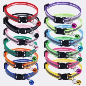 Reflective taped cat polyester bell buckle leash collar - bell, cat, polyester, reflective, taped