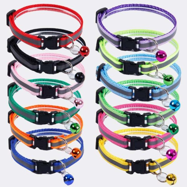 Reflective taped cat polyester bell buckle leash collar - bell, cat, polyester, reflective, taped