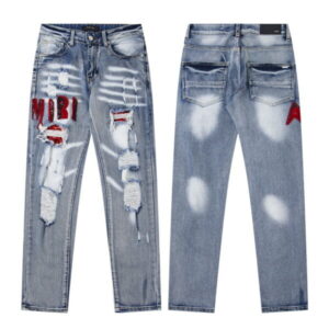 AMIRI FED9110 New Water Soaked Vintage Destroyed Letter Embroidery High Street Skinny Jeans