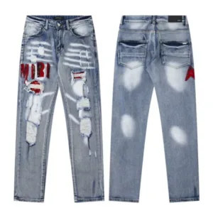 AMIRI FED9110 New Water Soaked Vintage Destroyed Letter Embroidery High Street Skinny Jeans - AMIRI, AMIRI denim jeans, AMIRI jeans, fed9110, Jeans, vintage, water