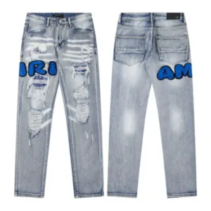 AMIRI FED9120 New Water Washing Vintage Destroyed 3D Letter Embroidery High Street Skinny Jeans - AMIRI, AMIRI denim jeans, AMIRI jeans, amiri pants, Denim, denim jeans pants, Jeans, jeans pants, pants, vintage, water
