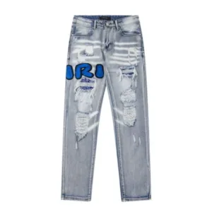 AMIRI FED9120 New Water Washing Vintage Destroyed 3D Letter Embroidery High Street Skinny Jeans