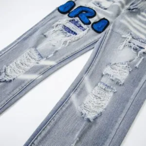 AMIRI FED9120 New Water Washing Vintage Destroyed 3D Letter Embroidery High Street Skinny Jeans