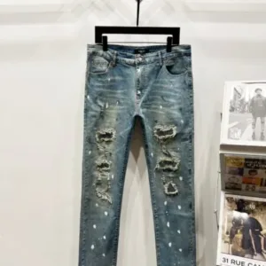 AMIRI New unisex Blue with diamonds denim jeans washed holes and loose leather K1010 - AMIRI, AMIRI denim jeans, AMIRI jeans, amiri pants, Denim, denim jeans pants, Jeans, jeans pants, pants, vintage, water