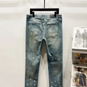 AMIRI New unisex Blue with diamonds denim jeans washed holes and loose leather K1010