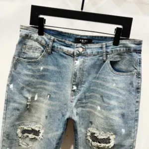 AMIRI New unisex Blue with diamonds denim jeans washed holes and loose leather K1010