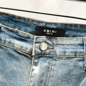 AMIRI New unisex Blue with diamonds denim jeans washed holes and loose leather K1010