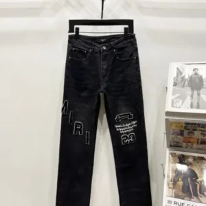 AMIRI New denim jeans with washed holes and loose leather unisex black pants K1110 - AMIRI, AMIRI denim jeans, AMIRI jeans, amiri pants, Denim, denim jeans pants, Jeans, jeans pants, pants, vintage, water
