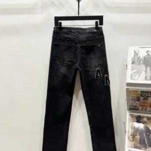 AMIRI New denim jeans with washed holes and loose leather unisex black pants K1110