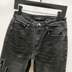 AMIRI New denim jeans with washed holes and loose leather unisex black pants K1110