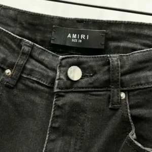 AMIRI New denim jeans with washed holes and loose leather unisex black pants K1110