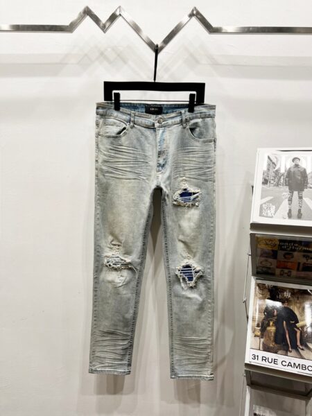 AMIRI Inkjet Hot Stamping White Diamond Water Wash Distressed Hole High Street Slim Fit Jeans Pants K1220 - AMIRI, AMIRI denim jeans, AMIRI jeans, amiri pants, Denim, denim jeans pants, Jeans, jeans pants, pants, vintage, water