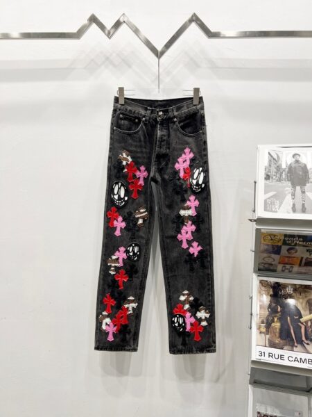 Chrome Hearts C005 Three-color patchwork ghostface element rapper Nomie's same cross-stitch jeans - chrome, Chrome Hearts, Chrome Hearts denim, Chrome Hearts denim jeans, Chrome Hearts denim pants, Chrome Hearts jeans, Chrome Hearts jeans pants, Chrome Hearts pants, Denim, denim jeans pants, hearts, Jeans, jeans pants, pants