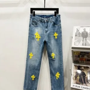 Chrome Hearts K1170 High-end Crocodile Heart Blue Yellow Leather Cross-Croshed Jeans Trendy Uncle's Same Model - chrome, Chrome Hearts, Chrome Hearts denim, Chrome Hearts denim jeans, Chrome Hearts denim pants, Chrome Hearts jeans, Chrome Hearts jeans pants, Chrome Hearts pants, Denim, denim jeans pants, hearts, Jeans, jeans pants, pants
