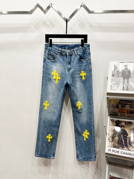 Chrome Hearts K1170 High-end Crocodile Heart Blue Yellow Leather Cross-Croshed Jeans Trendy Uncle's Same Model - chrome, Chrome Hearts, Chrome Hearts denim, Chrome Hearts denim jeans, Chrome Hearts denim pants, Chrome Hearts jeans, Chrome Hearts jeans pants, Chrome Hearts pants, Denim, denim jeans pants, hearts, Jeans, jeans pants, pants
