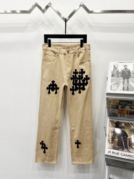 Chrome Hearts K500 Angelababy's Cross-stitched Leather Jeans and Workwear Logging Pants - chrome, Chrome Hearts, Chrome Hearts denim, Chrome Hearts denim jeans, Chrome Hearts denim pants, Chrome Hearts jeans, Chrome Hearts jeans pants, Chrome Hearts pants, cross, Denim, denim jeans pants, hearts, Jeans, jeans pants, pants