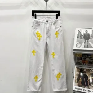 Chrome Hearts K610 High-end Croc Hearts White Yellow Leather Cross-Stripe Jeans Trendy Uncle's Same Style - chrome, Chrome Hearts, Chrome Hearts denim, Chrome Hearts denim jeans, Chrome Hearts denim pants, Chrome Hearts jeans, Chrome Hearts jeans pants, Chrome Hearts pants, Denim, denim jeans pants, hearts, Jeans, jeans pants, pants