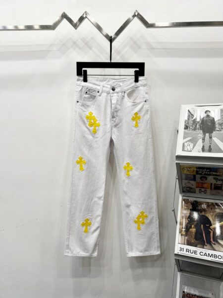 Chrome Hearts K610 High-end Croc Hearts White Yellow Leather Cross-Stripe Jeans Trendy Uncle's Same Style - chrome, Chrome Hearts, Chrome Hearts denim, Chrome Hearts denim jeans, Chrome Hearts denim pants, Chrome Hearts jeans, Chrome Hearts jeans pants, Chrome Hearts pants, Denim, denim jeans pants, hearts, Jeans, jeans pants, pants