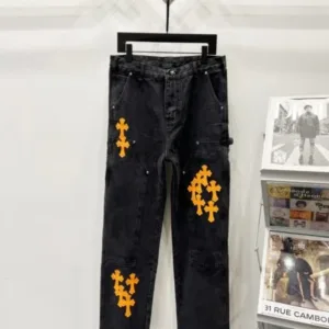 Chrome Hearts K620 25FW CH Tooling Logging Black Orange Patchwork Limited Edition Bull King Jeans - chrome, Chrome Hearts, Chrome Hearts denim, Chrome Hearts denim jeans, Chrome Hearts denim pants, Chrome Hearts jeans, Chrome Hearts jeans pants, Chrome Hearts pants, Denim, denim jeans pants, hearts, Jeans, jeans pants, pants