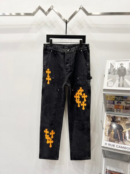 Chrome Hearts K620 25FW CH Tooling Logging Black Orange Patchwork Limited Edition Bull King Jeans - chrome, Chrome Hearts, Chrome Hearts denim, Chrome Hearts denim jeans, Chrome Hearts denim pants, Chrome Hearts jeans, Chrome Hearts jeans pants, Chrome Hearts pants, Denim, denim jeans pants, hearts, Jeans, jeans pants, pants
