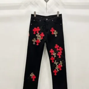 Chrome Hearts W001 Leather patch red cross leather straight leg jeans - chrome, Chrome Hearts, Chrome Hearts denim, Chrome Hearts denim jeans, Chrome Hearts denim pants, Chrome Hearts jeans, Chrome Hearts jeans pants, Chrome Hearts pants, Denim, denim jeans pants, hearts, Jeans, jeans pants, pants
