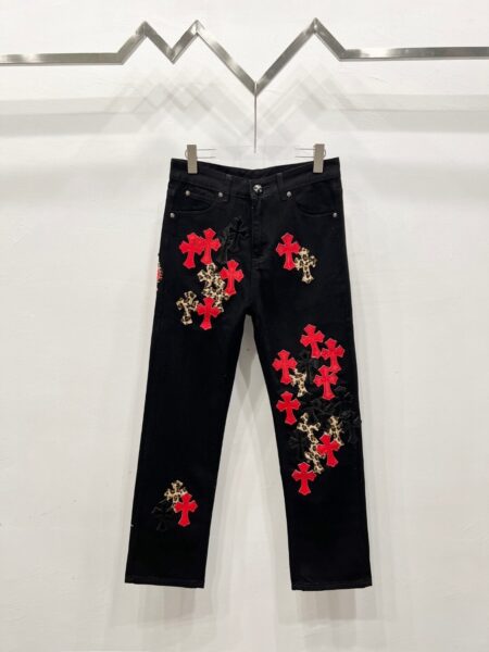 Chrome Hearts W001 Leather patch red cross leather straight leg jeans - chrome, Chrome Hearts, Chrome Hearts denim, Chrome Hearts denim jeans, Chrome Hearts denim pants, Chrome Hearts jeans, Chrome Hearts jeans pants, Chrome Hearts pants, Denim, denim jeans pants, hearts, Jeans, jeans pants, pants