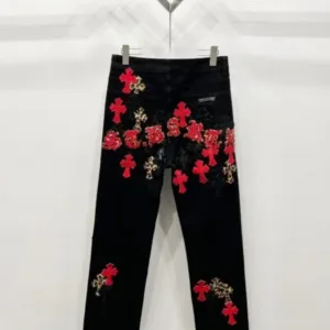 Chrome Hearts W001 Leather patch red cross leather straight leg jeans