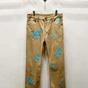 Chrome Hearts W003 Khaki leather cross-stitch straight-leg jeans - chrome, Chrome Hearts, Chrome Hearts denim, Chrome Hearts denim jeans, Chrome Hearts denim pants, Chrome Hearts jeans, Chrome Hearts jeans pants, Chrome Hearts pants, Denim, denim jeans pants, hearts, Jeans, jeans pants, pants
