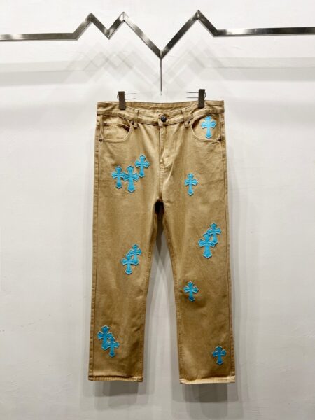Chrome Hearts W003 Khaki leather cross-stitch straight-leg jeans - chrome, Chrome Hearts, Chrome Hearts denim, Chrome Hearts denim jeans, Chrome Hearts denim pants, Chrome Hearts jeans, Chrome Hearts jeans pants, Chrome Hearts pants, Denim, denim jeans pants, hearts, Jeans, jeans pants, pants