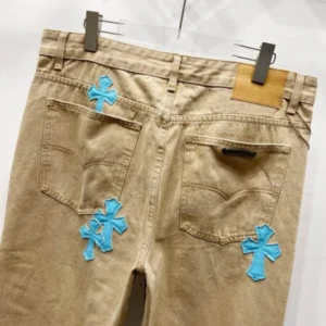 Chrome Hearts W003 Khaki leather cross-stitch straight-leg jeans