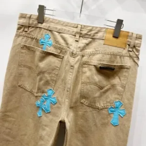 Chrome Hearts W003 Khaki leather cross-stitch straight-leg jeans