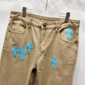 Chrome Hearts W003 Khaki leather cross-stitch straight-leg jeans