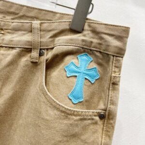 Chrome Hearts W003 Khaki leather cross-stitch straight-leg jeans