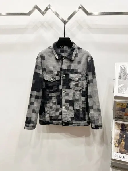 Louis Vuitton Mosaic Black and Grey Checkered Denim Jacket K970 Top Version - cowboy jacket, Denim, louis, Louis Vuitton cowboy jacket, louis vuitton denim jacket, Louis Vuitton jacket, lv cowboy jacket, LV denim, lv denim jacket, lv denim unisex jacket, lv unisex cowboy, LV unisex cowboy jacket, lv unisex jacket, unisex cowboy jacket, unisex jacket, vuitton