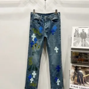 𝐂𝐡𝐫𝐨𝐦𝐞 𝐇𝐞𝐚𝐫𝐭 c012 SS25 New Style Graffiti Alphabet Blue and White Cross-stitch Leather Casual Wash-and-Go Slightly Flared Jeans - chrome, Chrome Hearts, Chrome Hearts denim, Chrome Hearts denim jeans, Chrome Hearts denim pants, Chrome Hearts jeans, Chrome Hearts jeans pants, Chrome Hearts pants, Denim, denim jeans pants, hearts, Jeans, jeans pants, pants