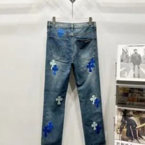 Chrome Hearts c012 SS25 New Style Graffiti Alphabet Blue and White Cross-stitch Leather Casual Wash-and-Go Slightly Flared Jeans