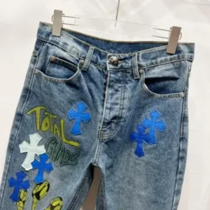 Chrome Hearts c012 SS25 New Style Graffiti Alphabet Blue and White Cross-stitch Leather Casual Wash-and-Go Slightly Flared Jeans