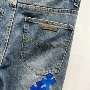 Chrome Hearts c012 SS25 New Style Graffiti Alphabet Blue and White Cross-stitch Leather Casual Wash-and-Go Slightly Flared Jeans
