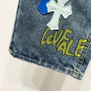 Chrome Hearts c012 SS25 New Style Graffiti Alphabet Blue and White Cross-stitch Leather Casual Wash-and-Go Slightly Flared Jeans
