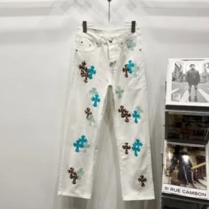 𝐂𝐡𝐫𝐨𝐦𝐞 𝐇𝐞𝐚𝐫𝐭 c016 SS25 New Ice Blue Leopard Print Cross-Stripe Leather Jeans - chrome, Chrome Hearts, Chrome Hearts denim, Chrome Hearts denim jeans, Chrome Hearts denim pants, Chrome Hearts jeans, Chrome Hearts jeans pants, Chrome Hearts pants, Denim, denim jeans pants, hearts, Jeans, jeans pants, pants