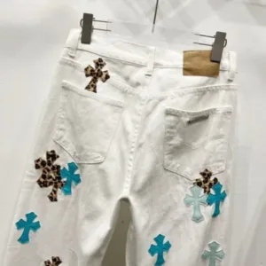 Chrome Hearts c016 SS25 New Ice Blue Leopard Print Cross-Stripe Leather Jeans