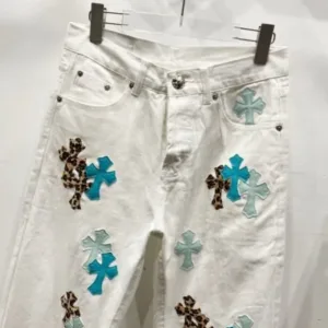 Chrome Hearts c016 SS25 New Ice Blue Leopard Print Cross-Stripe Leather Jeans