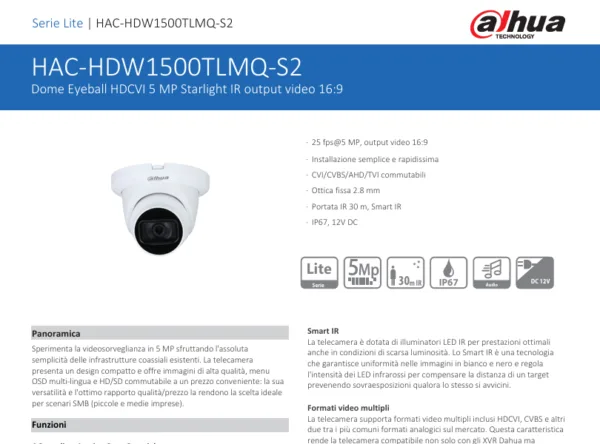 DH-HAC-HDW1500TLMQ-S2 Dome Eyeball HDCVI 5 MP Starlight IR output video 16:9