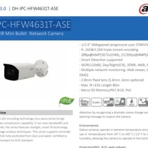 DH-IPC-HFW4631T-ASE 6MP WDR IR Mini Bullet Network Camera