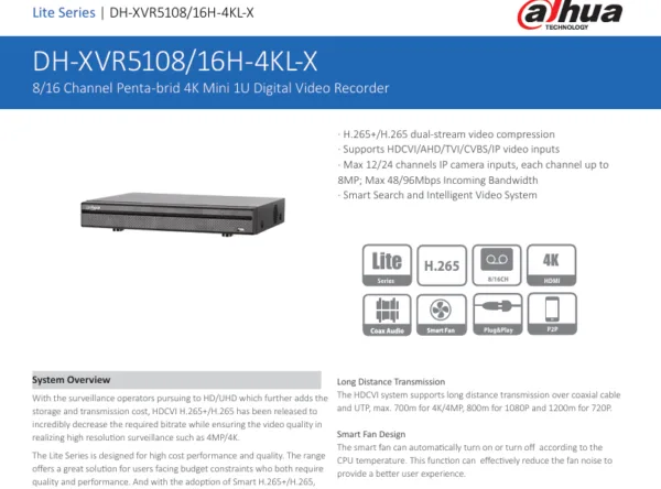 DH-XVR5116H-4KL-X 8/16 Channel Penta-brid 4K Mini 1U Digital Video Recorder