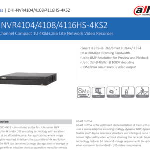DHI-NVR4104/08/16HS-4KS2 4/8/16 1U 4K Lite Network Video Recorder
