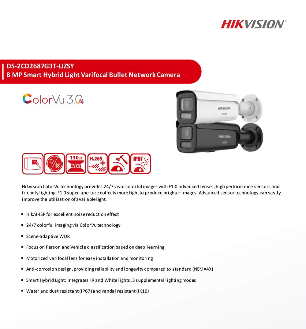 DS-2CD2687G3T-LIZSY 8 MP ColorVu Motorized Varifocal Camera