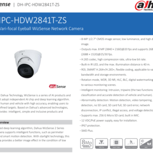 DH-IPC-HDW2841T-ZS 8MP IR Vari-focal Eyeball WizSense Network Camera